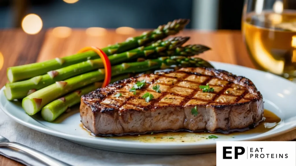 A sizzling grilled steak sits on a plate beside a vibrant bundle of asparagus