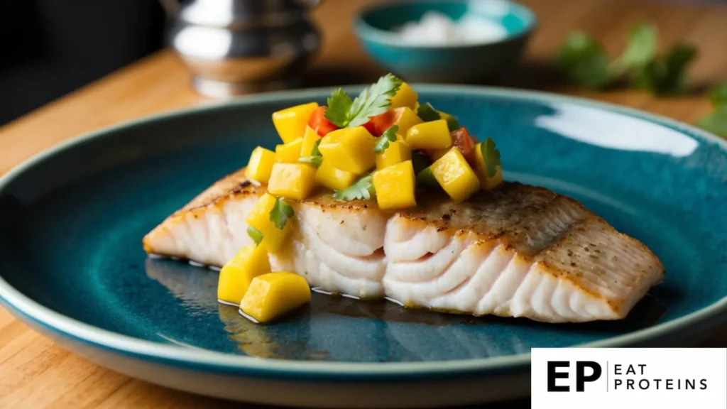 A platter of grilled swordfish topped with vibrant mango salsa, surrounded by fresh ingredients and a seaside backdrop