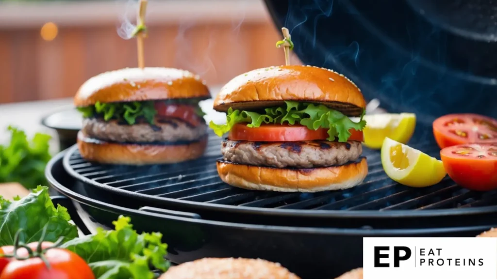 A sizzling grill with turkey burgers cooking, surrounded by colorful ingredients like lettuce, tomato, and whole grain buns