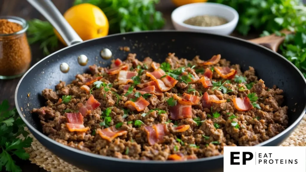 A sizzling skillet of ground beef and bacon, surrounded by fresh herbs and spices, ready to be transformed into a savory casserole