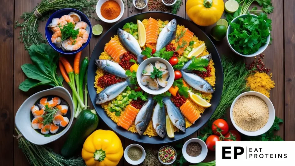 A spread of fresh seafood, colorful vegetables, and local grains arranged on a wooden table, surrounded by vibrant herbs and spices