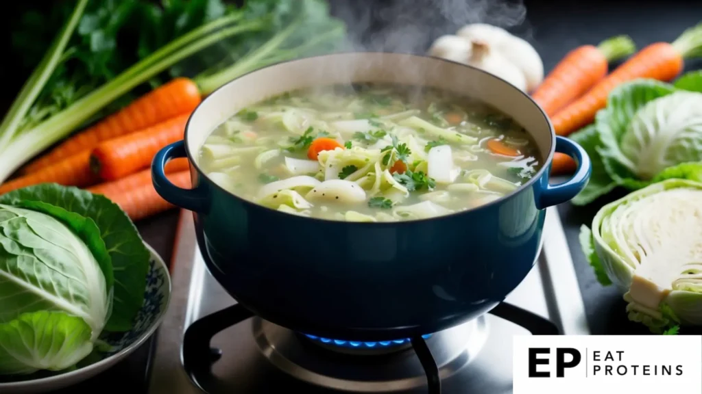 A pot of cabbage soup simmering on a stove, surrounded by fresh cabbage, carrots, and other vegetables