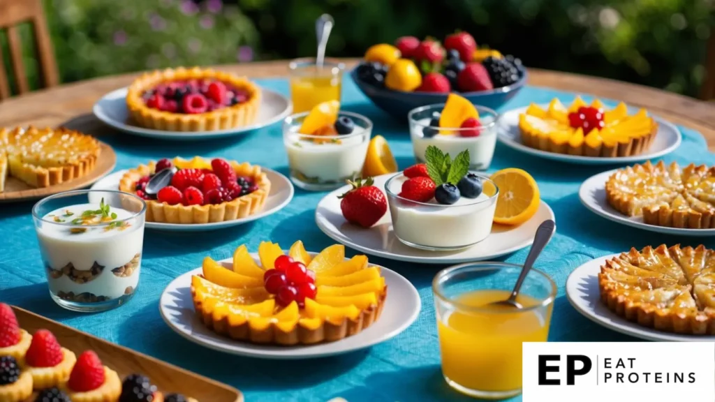 A table spread with colorful and fresh Mediterranean diet desserts, including fruit tarts, yogurt parfaits, and honey-drizzled baklava