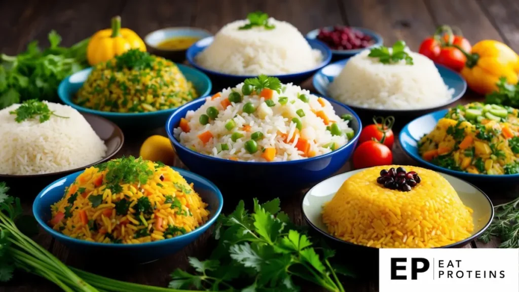 A colorful array of rice dishes surrounded by fresh ingredients and herbs, showcasing the health benefits of a rice diet