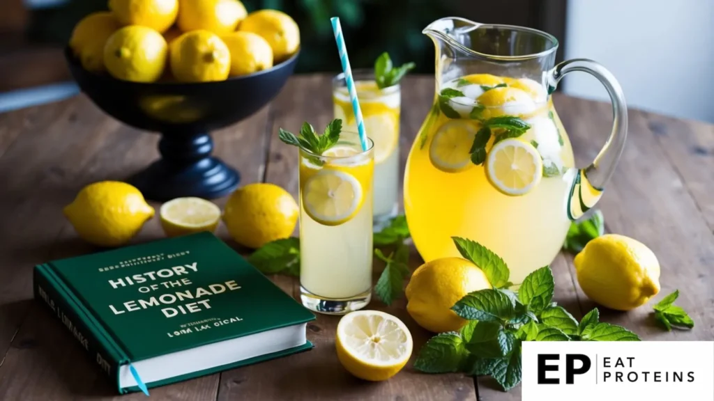 A pitcher of lemonade surrounded by fresh lemons, mint leaves, and a glass with a straw. A book titled "History of the Lemonade Diet" sits nearby