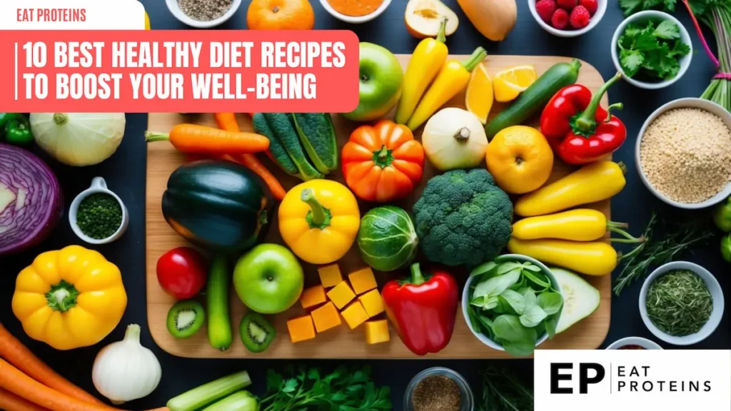 A colorful array of fresh fruits, vegetables, and whole grains arranged on a wooden cutting board, with a vibrant assortment of herbs and spices nearby