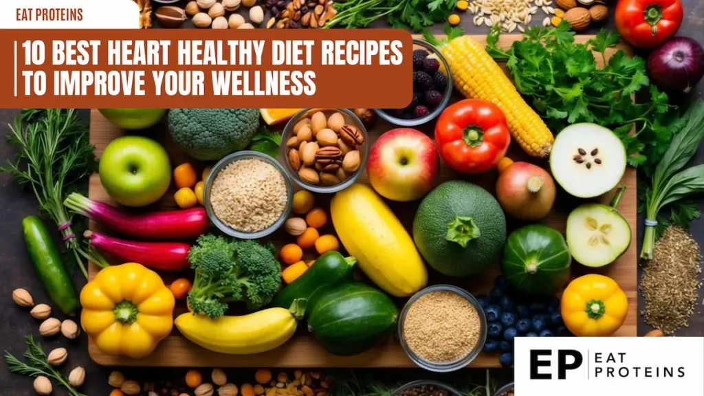 A colorful array of fresh fruits, vegetables, nuts, and whole grains arranged on a wooden cutting board, surrounded by vibrant herbs and spices