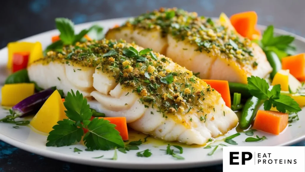 A platter of herb-crusted cod surrounded by colorful vegetables and garnished with fresh herbs