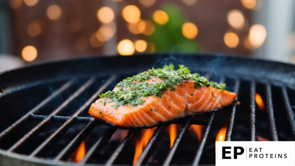 A succulent piece of herb-crusted salmon sizzling on a hot grill