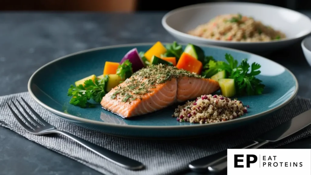 A plate of herb-crusted salmon surrounded by colorful vegetables and a side of quinoa, set on a stylish, modern dinnerware