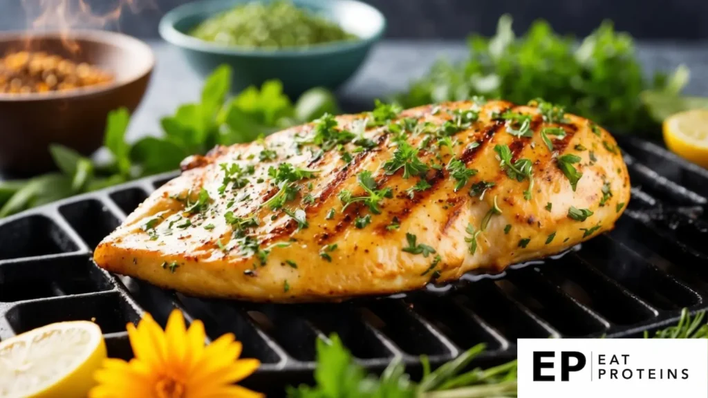 A succulent herbed chicken breast sizzling on a hot grill, surrounded by vibrant fresh herbs and spices