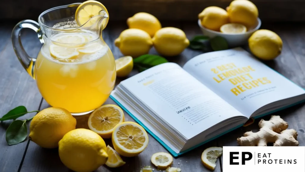 A glass pitcher filled with honey lemon ginger juice surrounded by fresh lemons and ginger, with a recipe book open to "8 best lemonade diet recipes" nearby