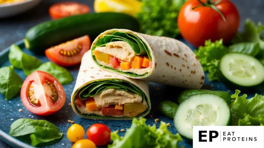 A colorful veggie wrap surrounded by ingredients like hummus, cucumber, tomato, and lettuce, with a Mediterranean vibe