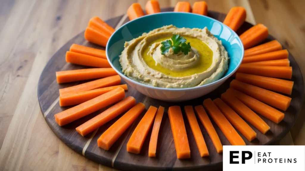 A bowl of hummus surrounded by neatly arranged carrot sticks on a wooden cutting board