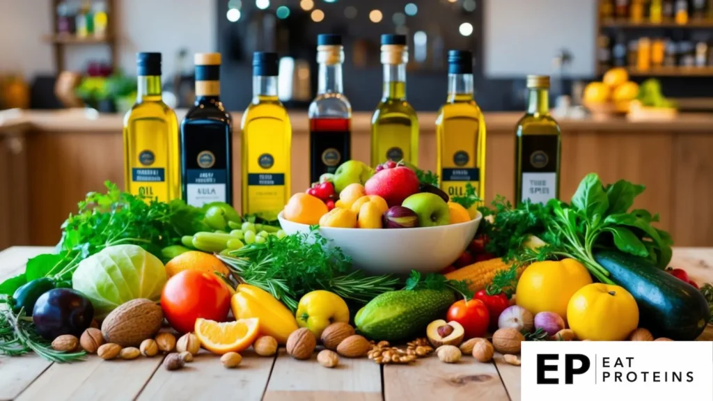 A table filled with fresh fruits, vegetables, nuts, and herbs, surrounded by colorful bottles of olive oil, vinegar, and spices