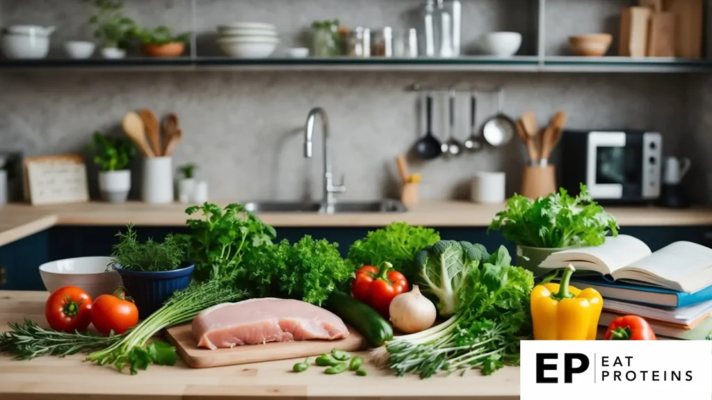 A kitchen counter with fresh herbs, vegetables, and lean proteins, surrounded by recipe books and measuring utensils