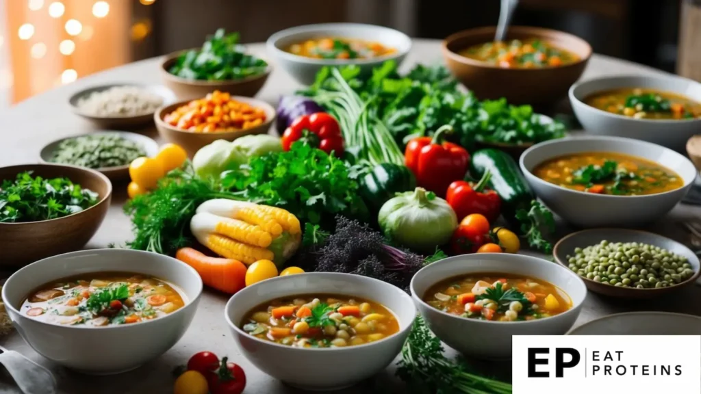 A table filled with colorful vegetables, herbs, and legumes, surrounded by bowls of hearty Mediterranean diet soups