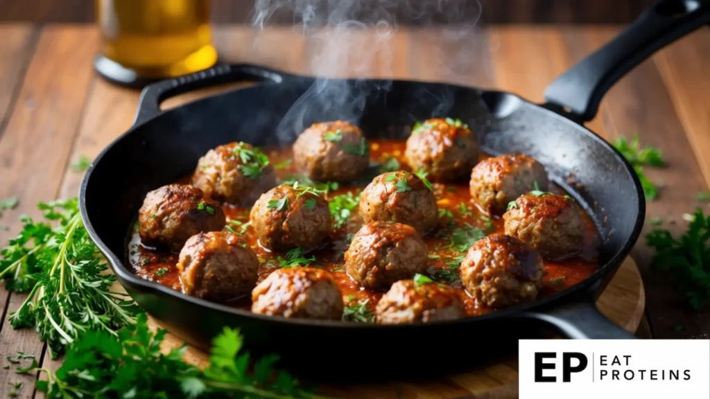 A sizzling skillet of Italian beef meatballs, surrounded by fresh herbs and spices, with a hint of steam rising from the hot dish