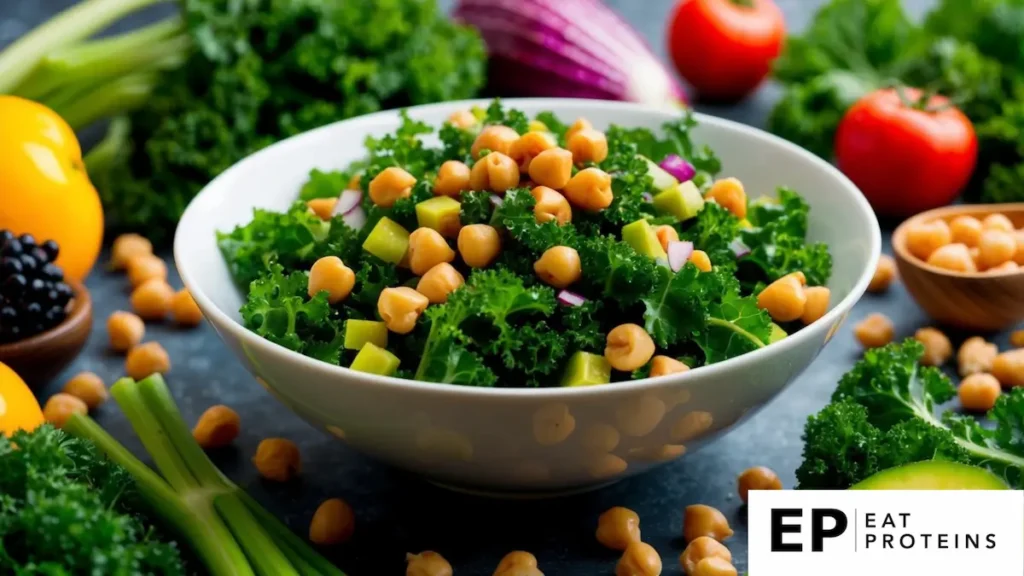 A vibrant bowl of kale and chickpea salad surrounded by fresh ingredients and heart-healthy foods