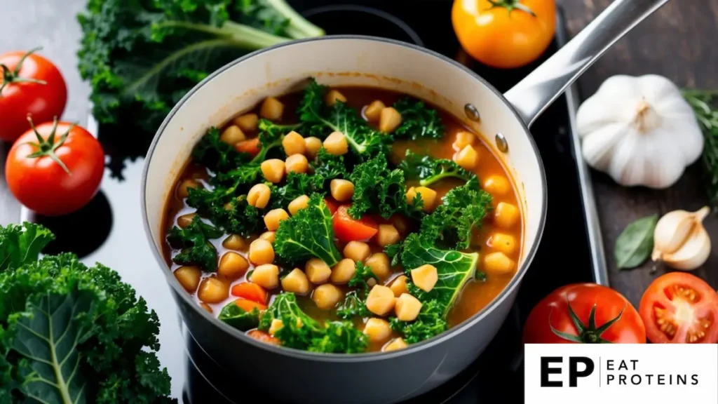 A pot of colorful kale and chickpea stew simmering on a stovetop, surrounded by fresh ingredients like tomatoes, garlic, and herbs