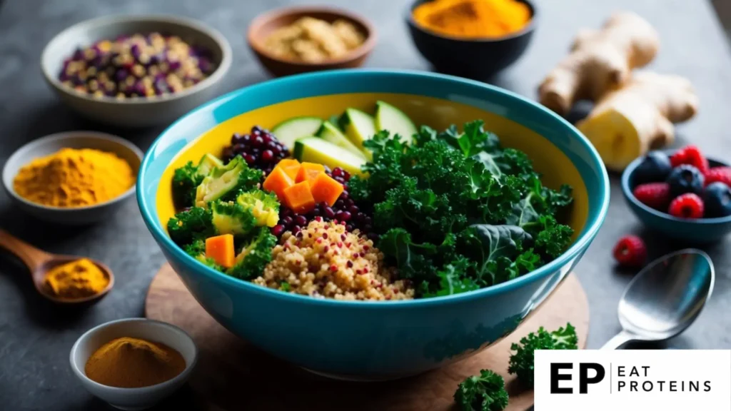 A colorful bowl filled with kale, quinoa, and various vegetables, surrounded by ingredients like turmeric, ginger, and berries