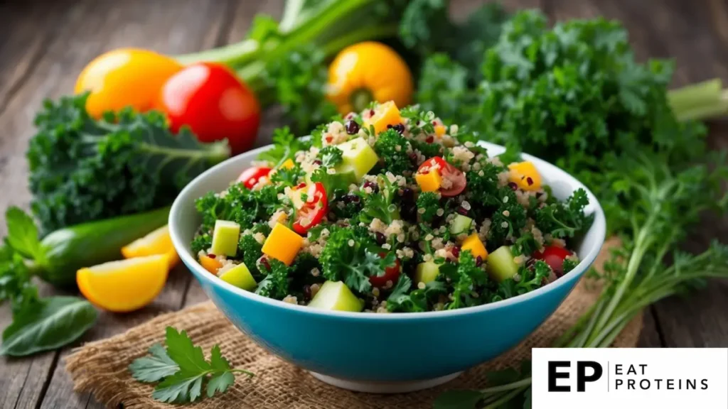 A colorful bowl of kale and quinoa salad surrounded by fresh vegetables and herbs on a rustic wooden table