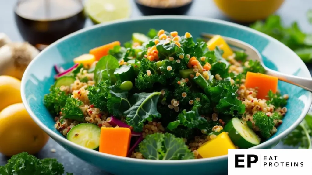 A vibrant bowl filled with kale, quinoa, and colorful vegetables, topped with a light vinaigrette, surrounded by fresh ingredients and herbs