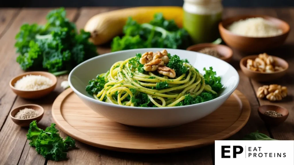 A bowl of kale and walnut pesto pasta surrounded by fresh ingredients on a wooden table