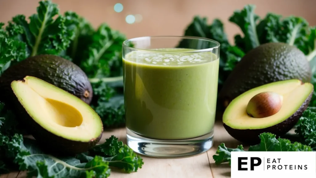 A glass of green smoothie surrounded by fresh kale leaves and ripe avocados