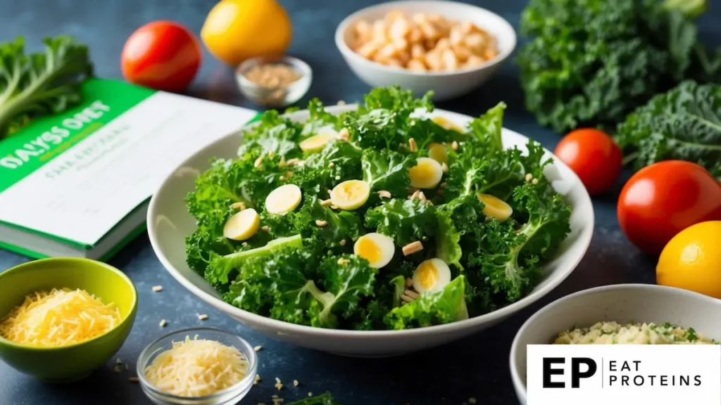 A vibrant green kale Caesar salad surrounded by fresh ingredients and a dialysis diet recipe book