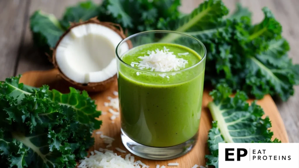 A glass filled with a vibrant green kale coconut smoothie, surrounded by fresh kale leaves and shredded coconut