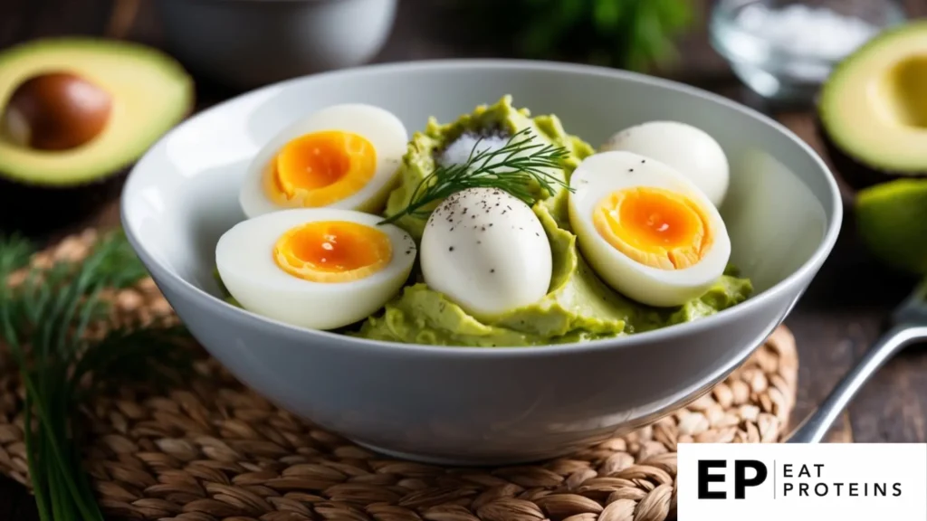 The image shows a bowl of halved boiled eggs placed over a creamy avocado base, garnished with a sprig of fresh dill and sprinkled with black pepper and salt. Avocados and eggs are prominently featured in the background, hinting at a healthy, protein-rich dish, possibly a keto-friendly avocado egg salad