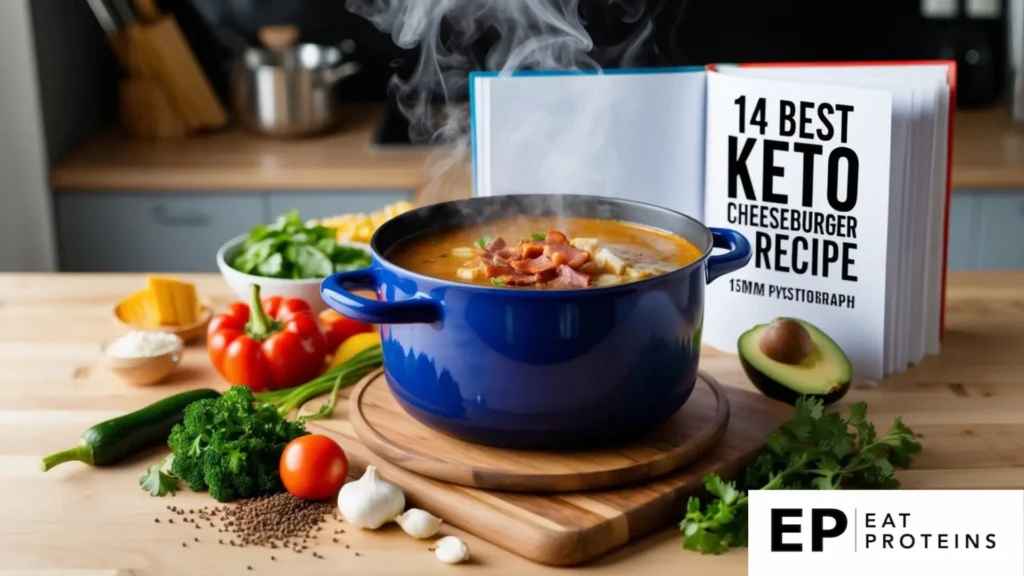 A steaming pot of keto bacon cheeseburger soup surrounded by fresh ingredients and a recipe book open to the "14 best keto diet recipes."