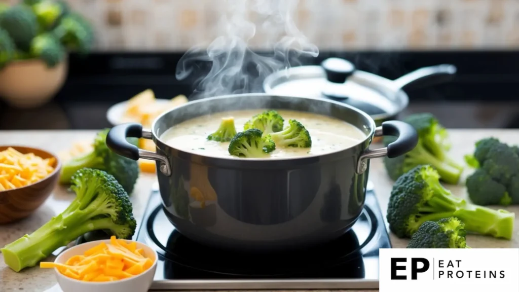 A steaming pot of keto broccoli cheese soup surrounded by fresh broccoli florets, cheese, and other ingredients on a kitchen counter