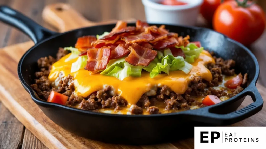 A sizzling skillet with layers of ground beef, melted cheese, and crispy bacon, topped with diced tomatoes and lettuce