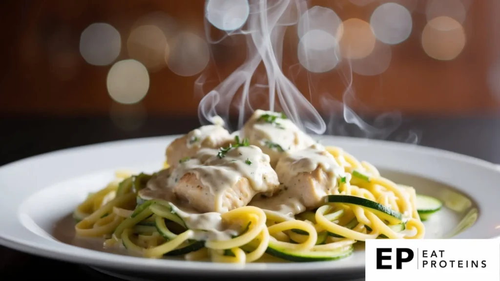 A plate of keto chicken alfredo with zucchini noodle on a white plate 