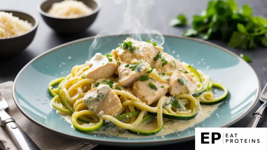 A plate of Keto Chicken Alfredo surrounded by fresh ingredients and a rustic kitchen setting