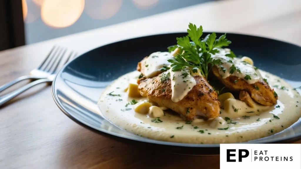 The image features a plated chicken Alfredo dish, with two seared chicken breasts topped with a creamy Alfredo sauce. The dish is garnished with fresh parsley, adding a touch of color and freshness. The sauce appears rich and smooth, coating the chicken and surrounding pasta or vegetables, suggesting a keto-friendly adaptation of the classic recipe