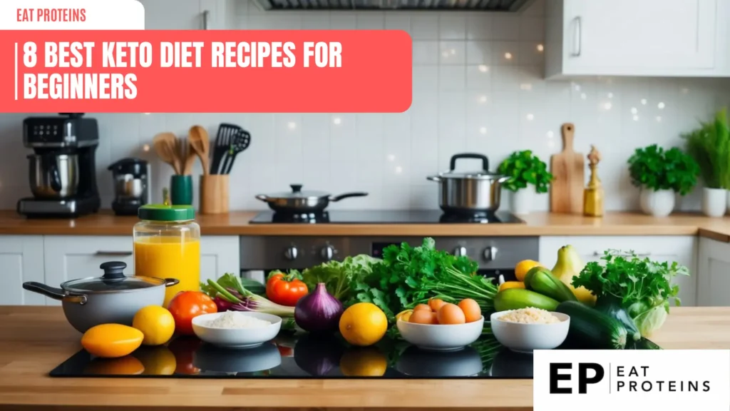 A table set with 8 colorful keto dishes, including avocado salad, grilled salmon, and cauliflower rice, surrounded by fresh ingredients and kitchen utensils