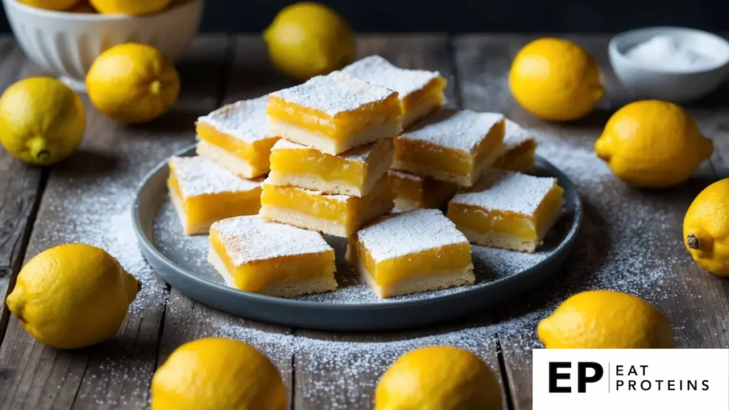 A tray of freshly baked keto lemon bars on a rustic wooden table surrounded by vibrant yellow lemons and a sprinkle of powdered sugar