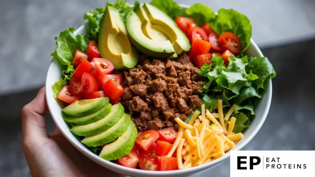 A colorful array of fresh lettuce, seasoned ground beef, diced tomatoes, shredded cheese, and avocado slices arranged in a bowl