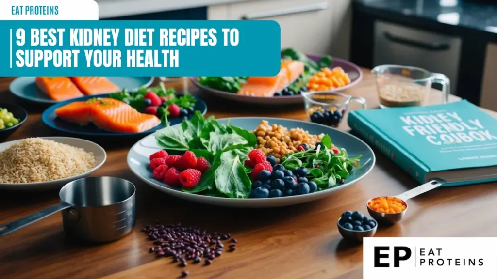 A table spread with colorful, nutrient-rich foods like salmon, leafy greens, berries, and whole grains. A measuring cup and kidney-friendly cookbook sit nearby