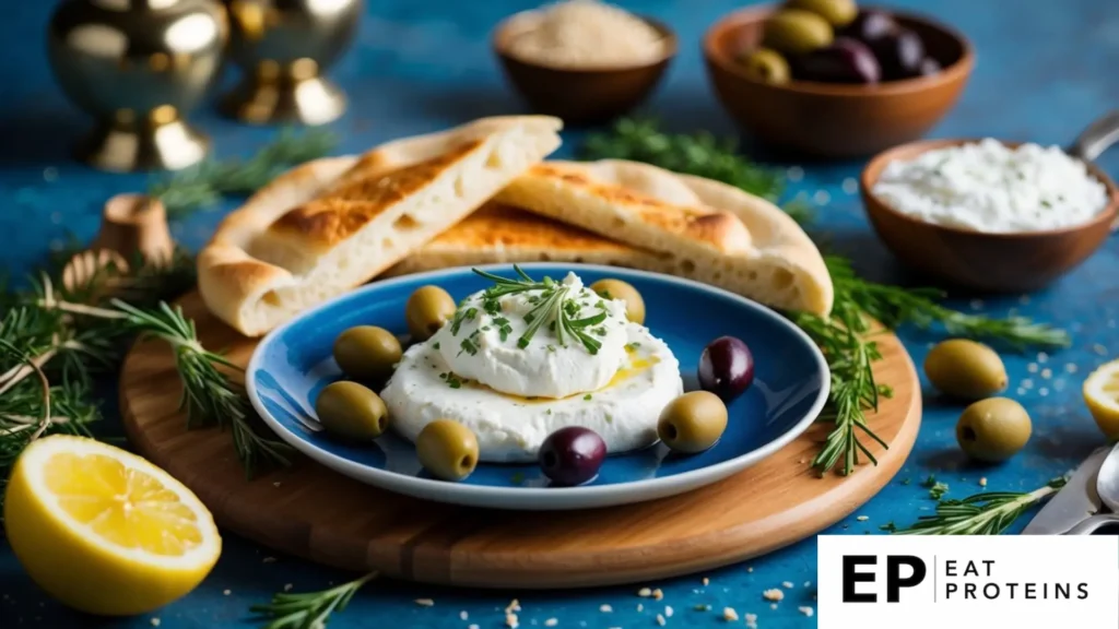 A plate of labneh with olives and pita bread, surrounded by fresh ingredients and Mediterranean-inspired decor