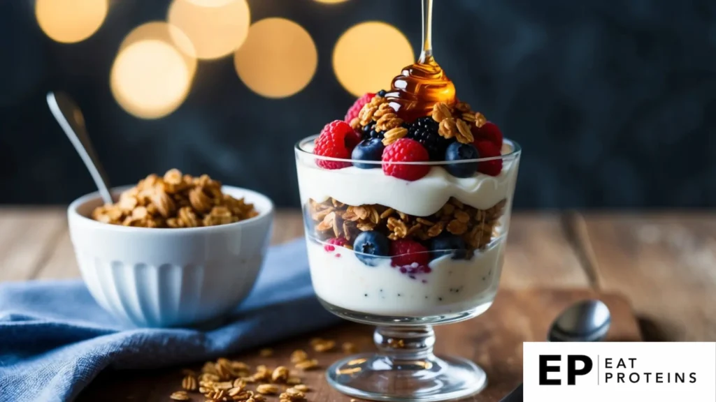 A glass parfait dish filled with layers of lactose-free Greek yogurt, fresh berries, and gluten-free granola, topped with a drizzle of honey