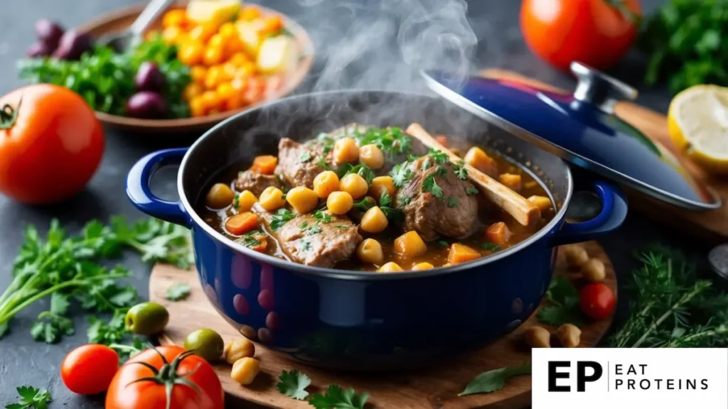 A steaming pot of lamb and chickpea stew surrounded by colorful Mediterranean ingredients like tomatoes, olives, and fresh herbs