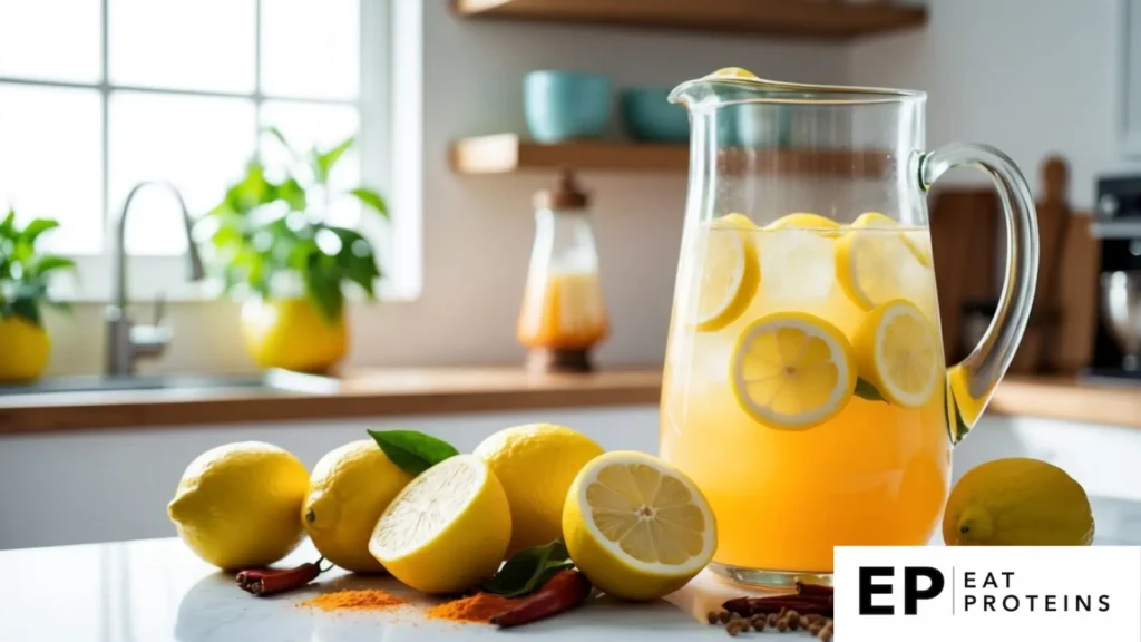 A pitcher of lemon cayenne cleanse lemonade surrounded by fresh lemons and cayenne pepper, with a backdrop of a bright and sunny kitchen