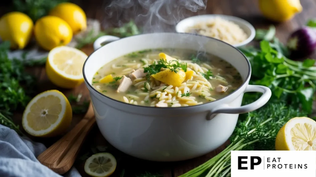 A steaming pot of Lemon Chicken Orzo Soup surrounded by fresh Mediterranean ingredients like lemons, herbs, and vegetables