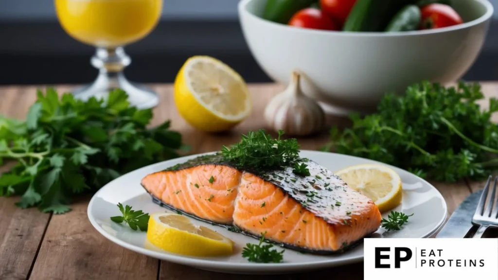 A plate of Lemon Garlic Herb Salmon surrounded by low-carb vegetables and herbs