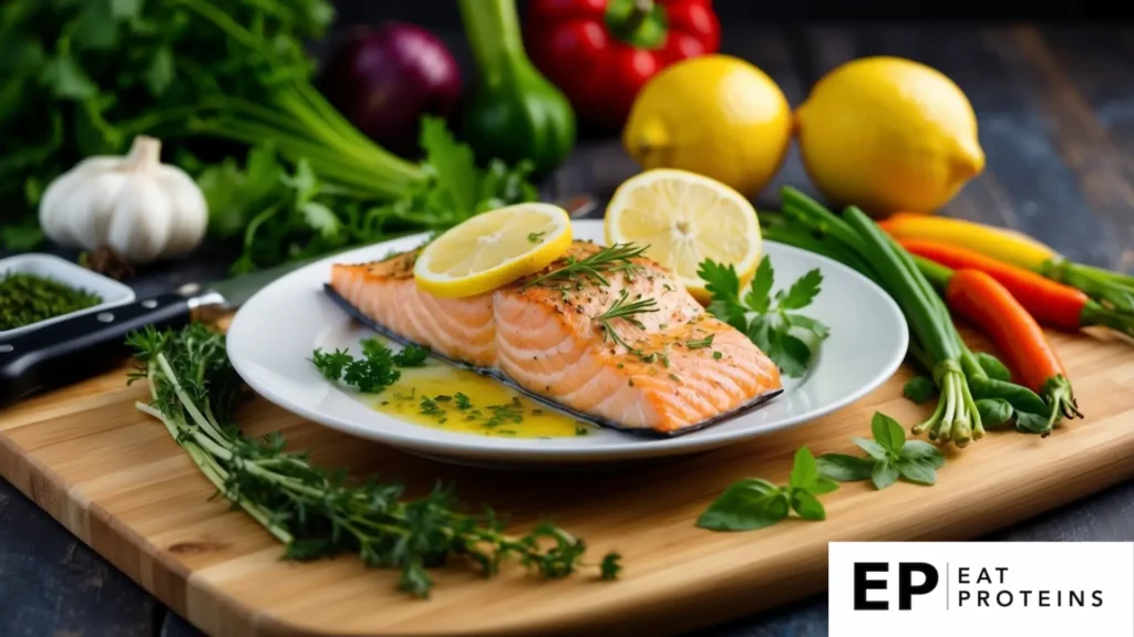 A plate of lemon garlic salmon surrounded by colorful, fresh vegetables and herbs on a wooden cutting board