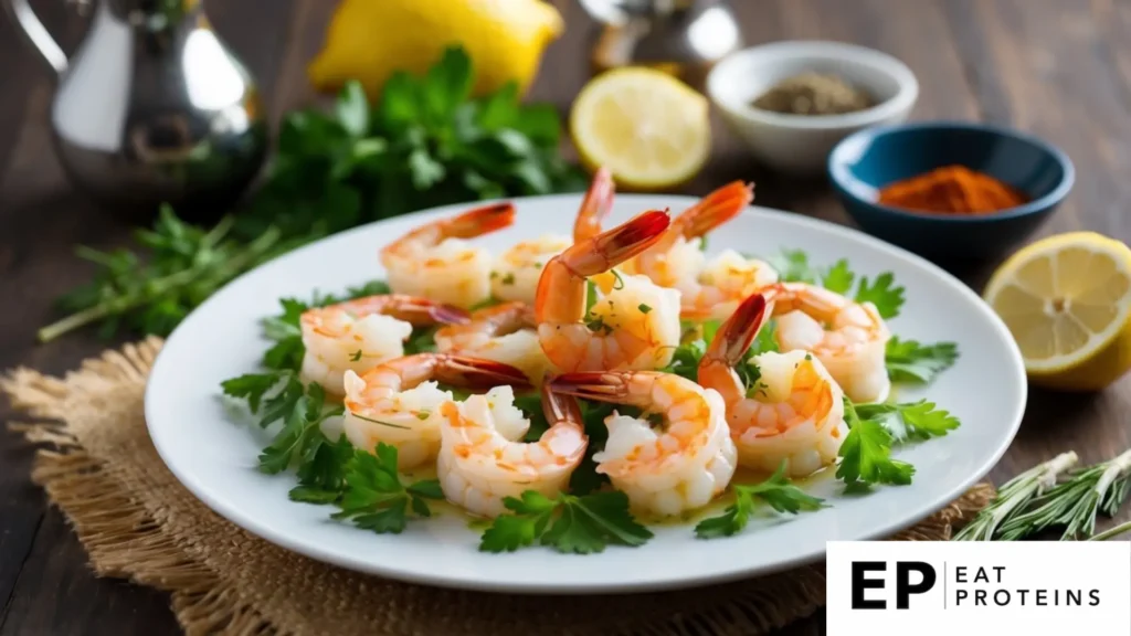 A plate of lemon garlic shrimp surrounded by fresh herbs and spices